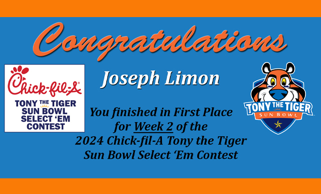 Chick-fil-A Tony the Tiger Sun Bowl Select ‘Em Contest: Weekly Winner & Upcoming Games